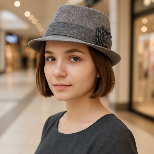 Fedora Straw Hat w/ Lace Trim Corsage - Silver - HT-1184SI